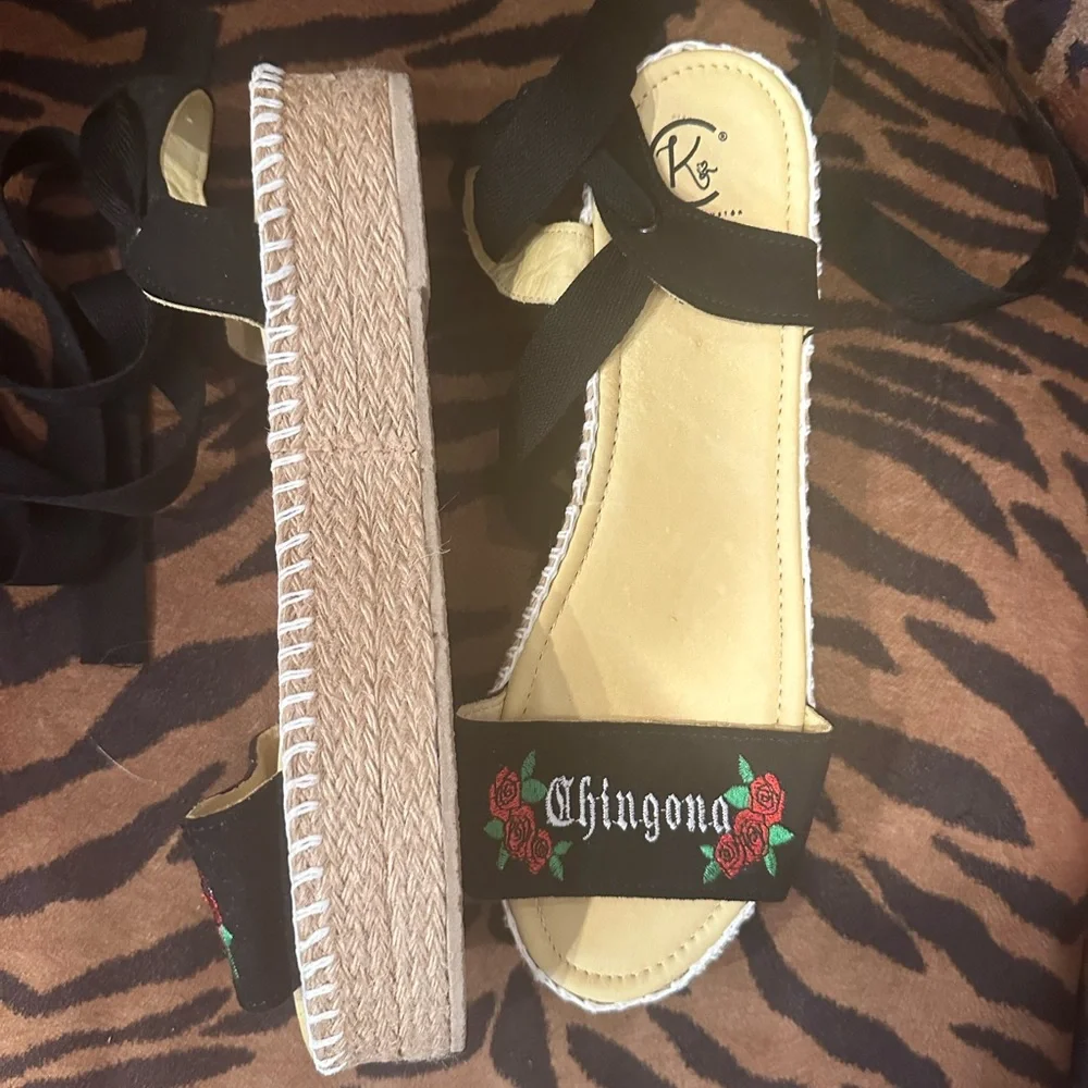Yellow Espadrille Platforms with Black Embroidered Strap